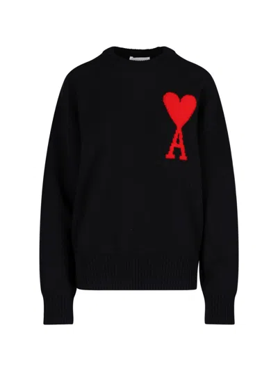 Ami Alexandre Mattiussi Ami Paris Logo Intarsia Crewneck Knitted Jumper In Black