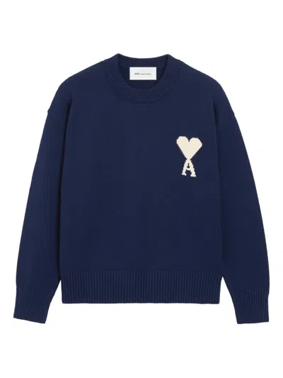 Ami Alexandre Mattiussi Blue Wool And Cotton Crewneck Ami De Coeur Jumper Blue