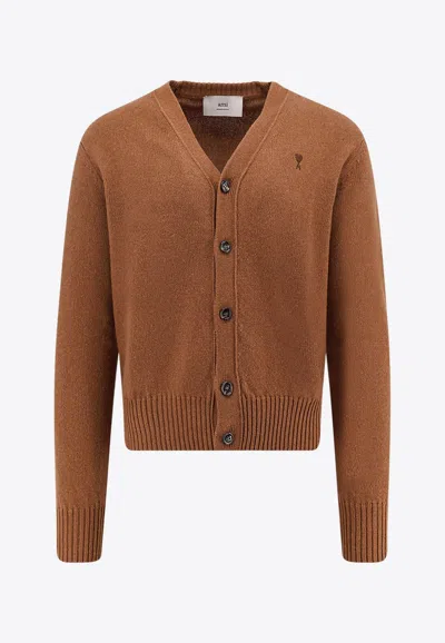Ami Alexandre Mattiussi Logo-embroidered Cardigan In Brown