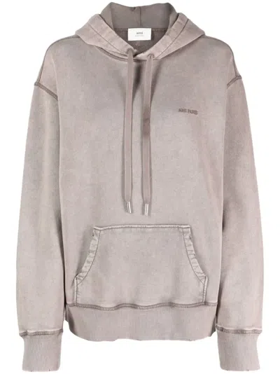 Ami Alexandre Mattiussi Logo-embroidered Cotton Hoodie In Neutral