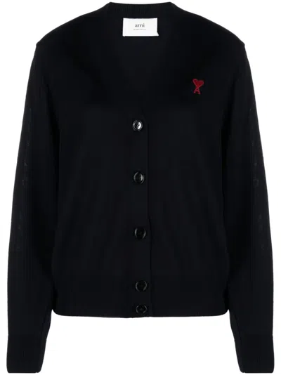 Ami Alexandre Mattiussi Logo-embroidered Merino Wool Cardigan In Blue