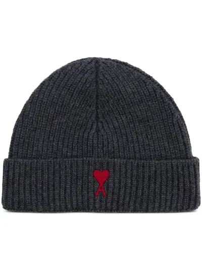 Ami Alexandre Mattiussi Ami Paris Women Red Ami De Coeur Beanie Felted Merino Wool In Gray