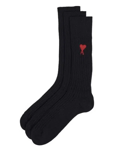 Ami Alexandre Mattiussi Logo-embroidered Ribbed Socks In Black