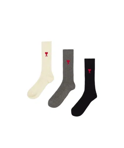 AMI ALEXANDRE MATTIUSSI AMI PARIS AMI DE COEUR LOGO EMBROIDERED RIBBED 3-PACK SOCKS