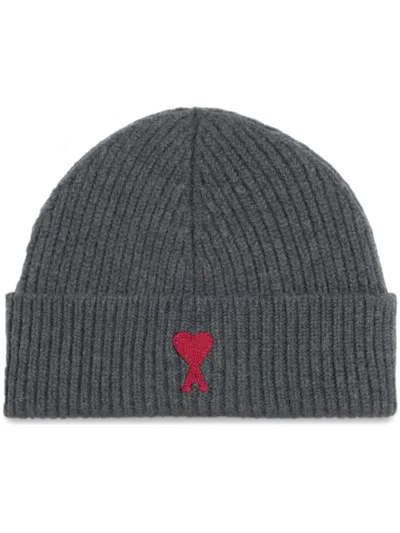 Ami Alexandre Mattiussi Logo-embroidered Wool Beanie In Grey