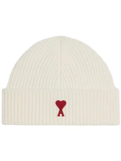 Ami Alexandre Mattiussi Logo Embroidered Wool Beanie In Off White/ Red