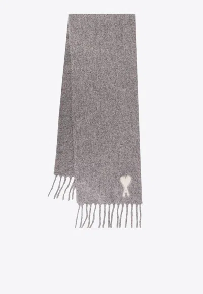 Ami Alexandre Mattiussi Logo-embroidered Wool Scarf In Gray