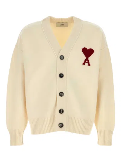 Ami Alexandre Mattiussi Logo-embroidery Wool Cardigan In Neutral
