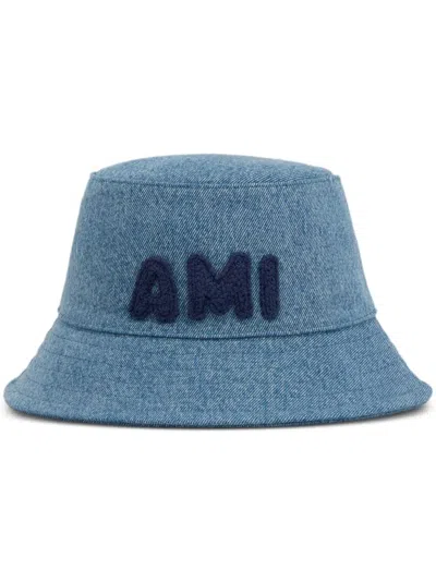 Ami Alexandre Mattiussi Embroidered Logo Denim Bucket Hat In Blue