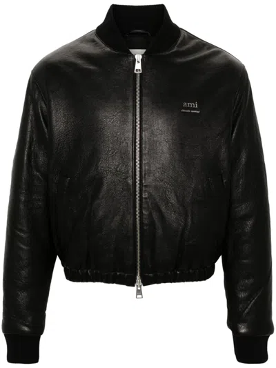 Ami Alexandre Mattiussi Logo-plaque Leather Jacket In Black