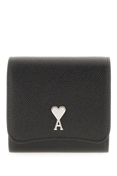 Ami Alexandre Mattiussi Logo Plaque Tri-fold Wallet In Noir/argent Vibre