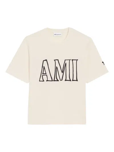 Ami Alexandre Mattiussi Boxy Fit Short Sleeve T-shirt With Ami Paris Print Front And In White