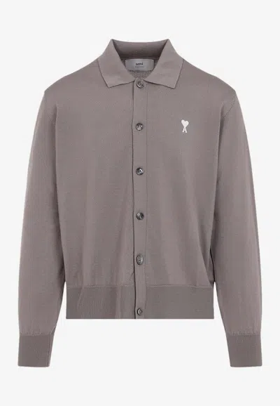 Ami Alexandre Mattiussi Logo Wool Cardigan In Gray