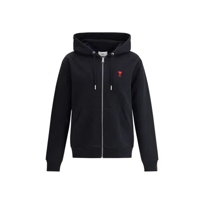 Ami Alexandre Mattiussi Zip-up Hoodie With Kangaroo Pocket And Drawstring Hood In Black