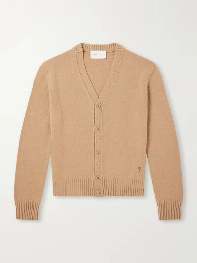 Ami Alexandre Mattiussi Logo-embroidered Cashmere And Wool-blend Cardigan In Brown