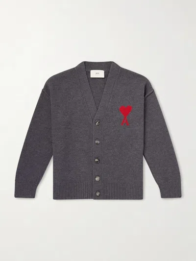 Ami Alexandre Mattiussi Logo-intarsia Merino Wool Cardigan In Gray