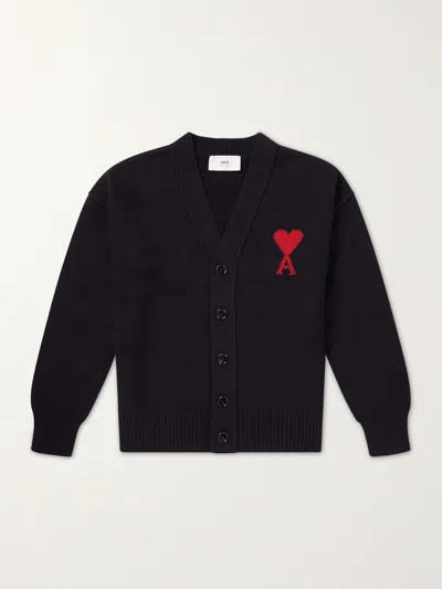 Ami Alexandre Mattiussi Logo-intarsia Virgin Wool Cardigan In Black