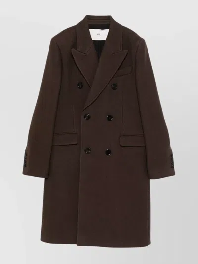 Ami Alexandre Mattiussi Long Double-breasted Coat With Central Vent In Brown