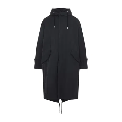 AMI ALEXANDRE MATTIUSSI LONG GREY POLYAMIDE JACKET WITH ADJUSTABLE HOOD AND FLAP POCKETS