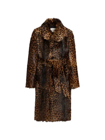 Ami Alexandre Mattiussi Long Leopard Goat Leather Belted Coat Brown In Animal Print