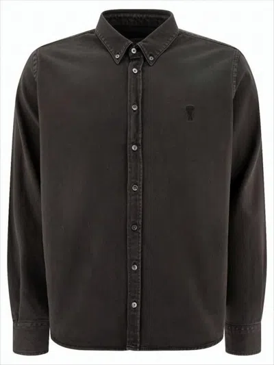 Ami Alexandre Mattiussi Long Sleeve Black Cotton Button-down Shirt With Embroidered Logo