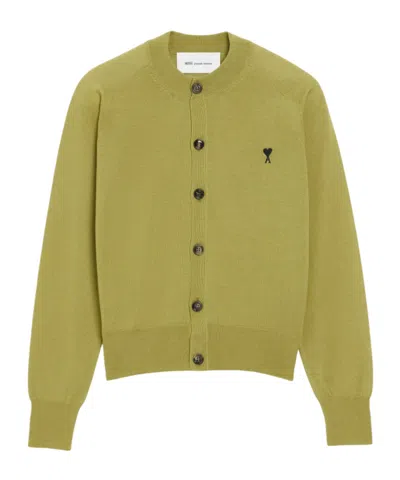 Ami Alexandre Mattiussi Green Wool Crewneck Ami De Coeur Cardigan Green In Gold