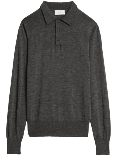 Ami Alexandre Mattiussi Long-sleeve Merino Polo Shirt In Grey