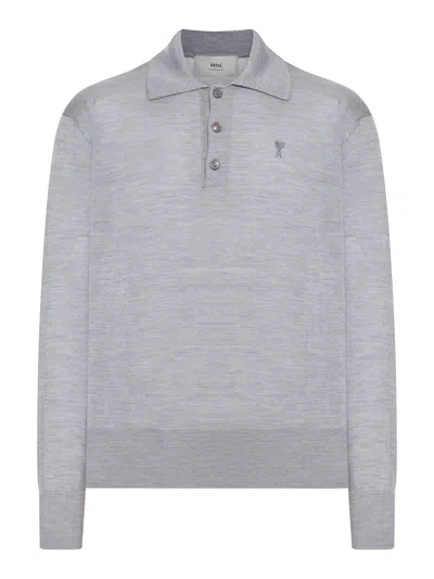 Ami Alexandre Mattiussi Ami De Coeur Polo In Extrafine Wool And Silk In Gray