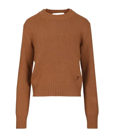 Ami Alexandre Mattiussi Cropped Brown Cashmere Blend Sweater With Heart Detail