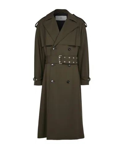 Ami Alexandre Mattiussi Double-breasted Belted Virgin Wool-gabardine Trench Coat In Green