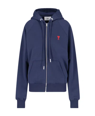 Ami Alexandre Mattiussi Long-sleeved Hooded Sweater In Blue