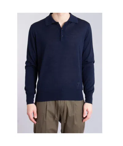 Ami Alexandre Mattiussi Long-sleeved Knitted Polo Shirt In Black