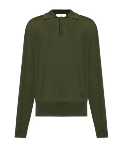 Ami Alexandre Mattiussi Ami Long Sleeved Knitted Polo Shirt In Green