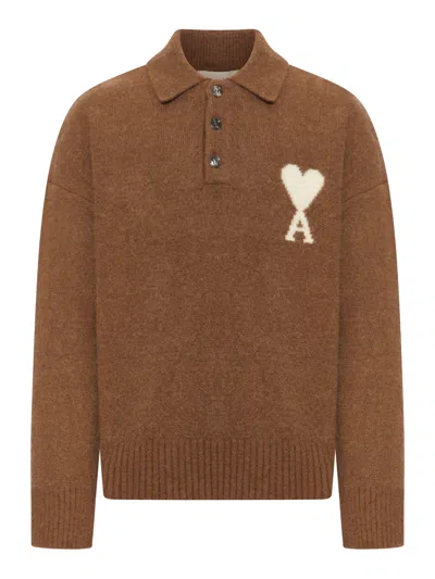 Ami Alexandre Mattiussi Long-sleeved Polo Sweater In Brown