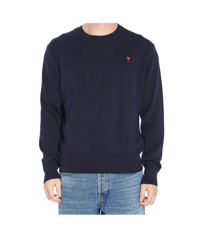 Ami Alexandre Mattiussi Merino Wool Heart Embroidered Sweater In Blue