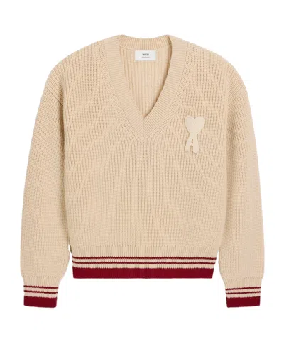 Ami Alexandre Mattiussi Rib Knit Wool V-neck Sweater In Beige