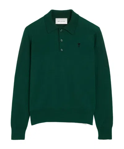 Ami Alexandre Mattiussi Long Sleeves Polo In Extrafine Merino Wool Knit. In Green