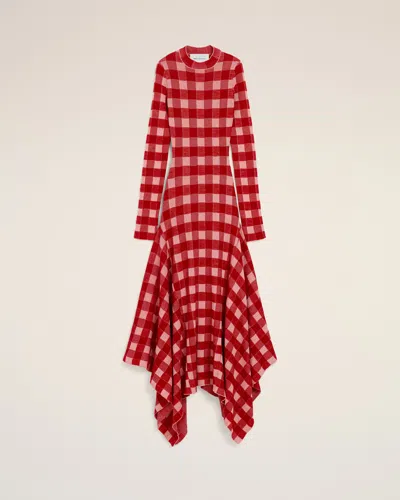 Ami Alexandre Mattiussi Maxi Pink Checkered Wool And Cotton Godet Dress Pink In Red