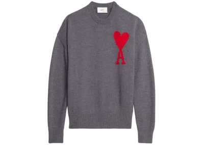 Pre-owned Ami Alexandre Mattiussi Men's Ami Paris Adc Crewneck Sweatshirt Sweater In Heather Grey/red