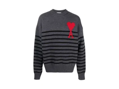 Pre-owned Ami Alexandre Mattiussi Men's Ami Paris Adc Striped Crewneck Sweatshirt Sweater In Grey/red In Multi