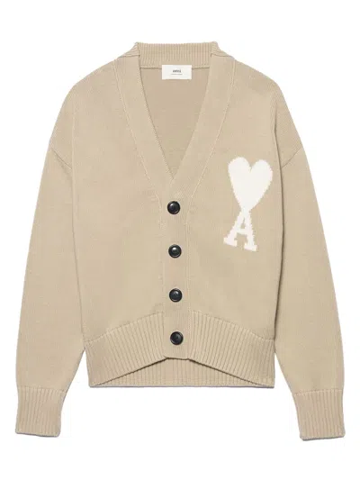 Pre-owned Ami Alexandre Mattiussi Men's Ami Paris Ami De Coeur Boxy Fit Cardigan In Beige/white