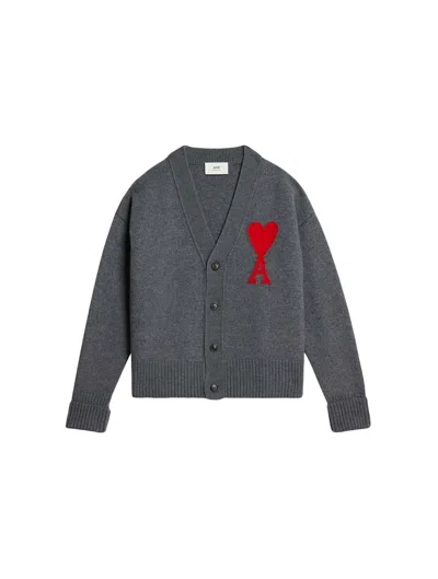 Pre-owned Ami Alexandre Mattiussi Men's Ami Paris Ami De Coeur Cardigan In Dark Grey