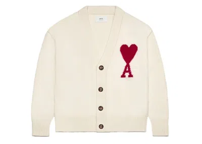 Pre-owned Ami Alexandre Mattiussi Men's Ami Paris Ami De Coeur Cardigan In Off/white/red In Multi