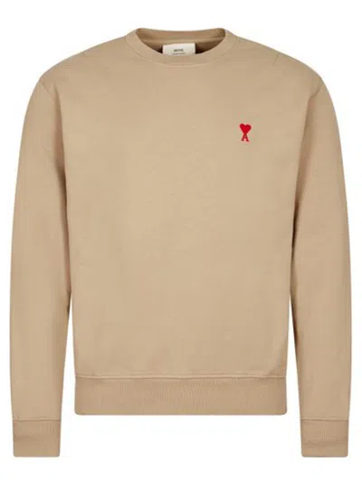 Pre-owned Ami Alexandre Mattiussi Men's Ami Paris Ami De Coeur Classic Fit Crewneck Sweatshirt In Beige/red In Multi