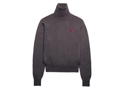 Pre-owned Ami Alexandre Mattiussi Men's Ami Paris Ami De Coeur Embroidery Turtleneck Sweater In Heather Grey In Gray
