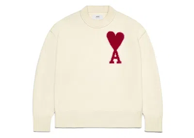 Pre-owned Ami Alexandre Mattiussi Men's Ami Paris Ami De Coeur Felted Merino Wool Sweater In Off White/red