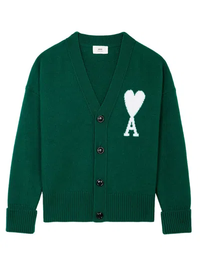 Pre-owned Ami Alexandre Mattiussi Men's Ami Paris Ami De Coeur Merino Wool Oversize Cardigan In Green/white