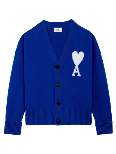 Pre-owned Ami Alexandre Mattiussi Men's Ami Paris Ami De Coeur Merino Wool Oversize Cardigan In Royal Blue/white