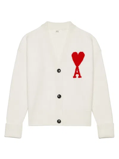 Pre-owned Ami Alexandre Mattiussi Men's Ami Paris Ami De Coeur Merino Wool Oversize Cardigan In White/red