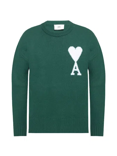 Pre-owned Ami Alexandre Mattiussi Men's Ami Paris Ami De Coeur Merino Wool Oversized Crewneck Sweatshirt Sweater In Green/white